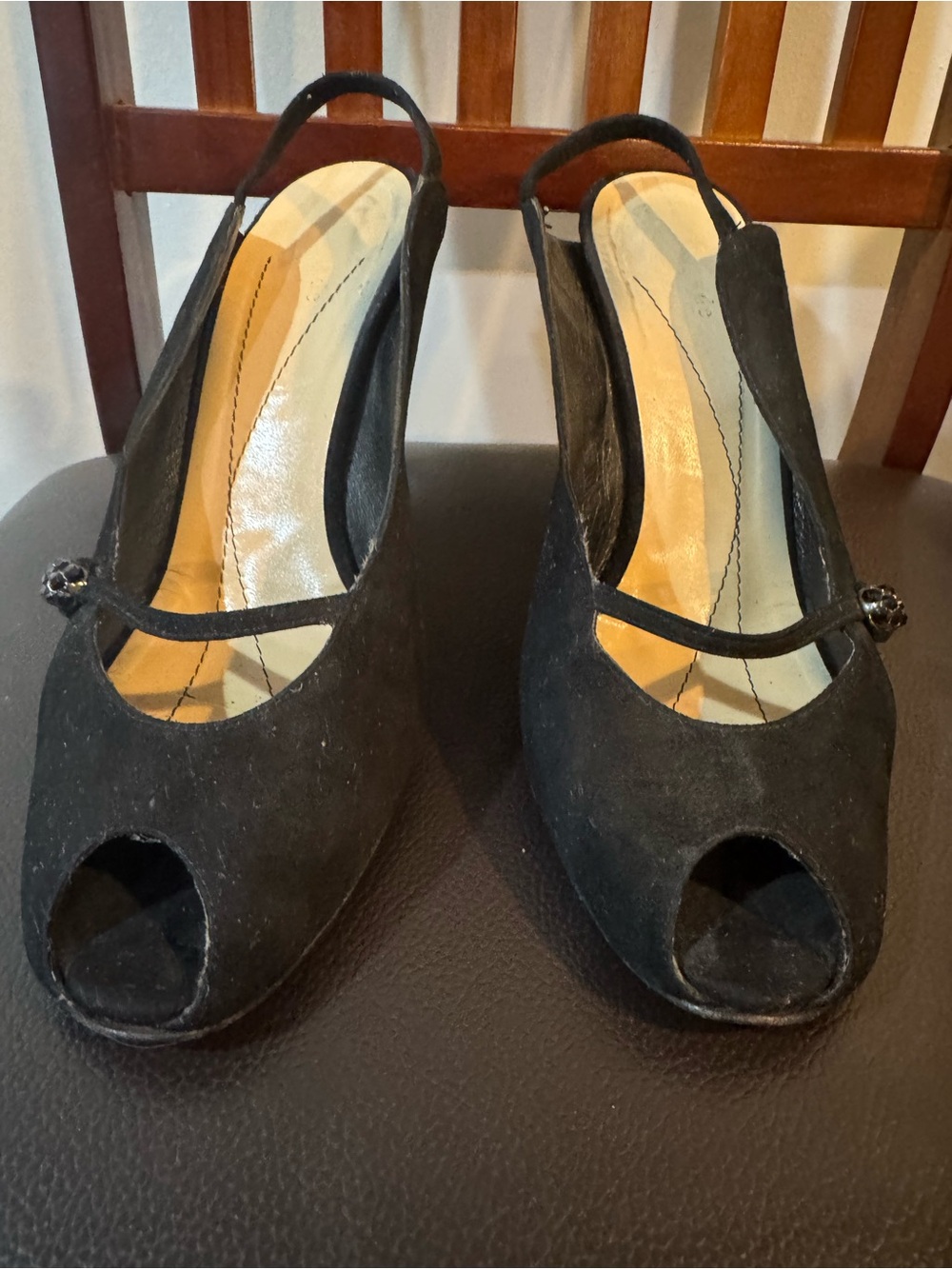 kate spade Black Suede Peep-Toe Slingback Heels